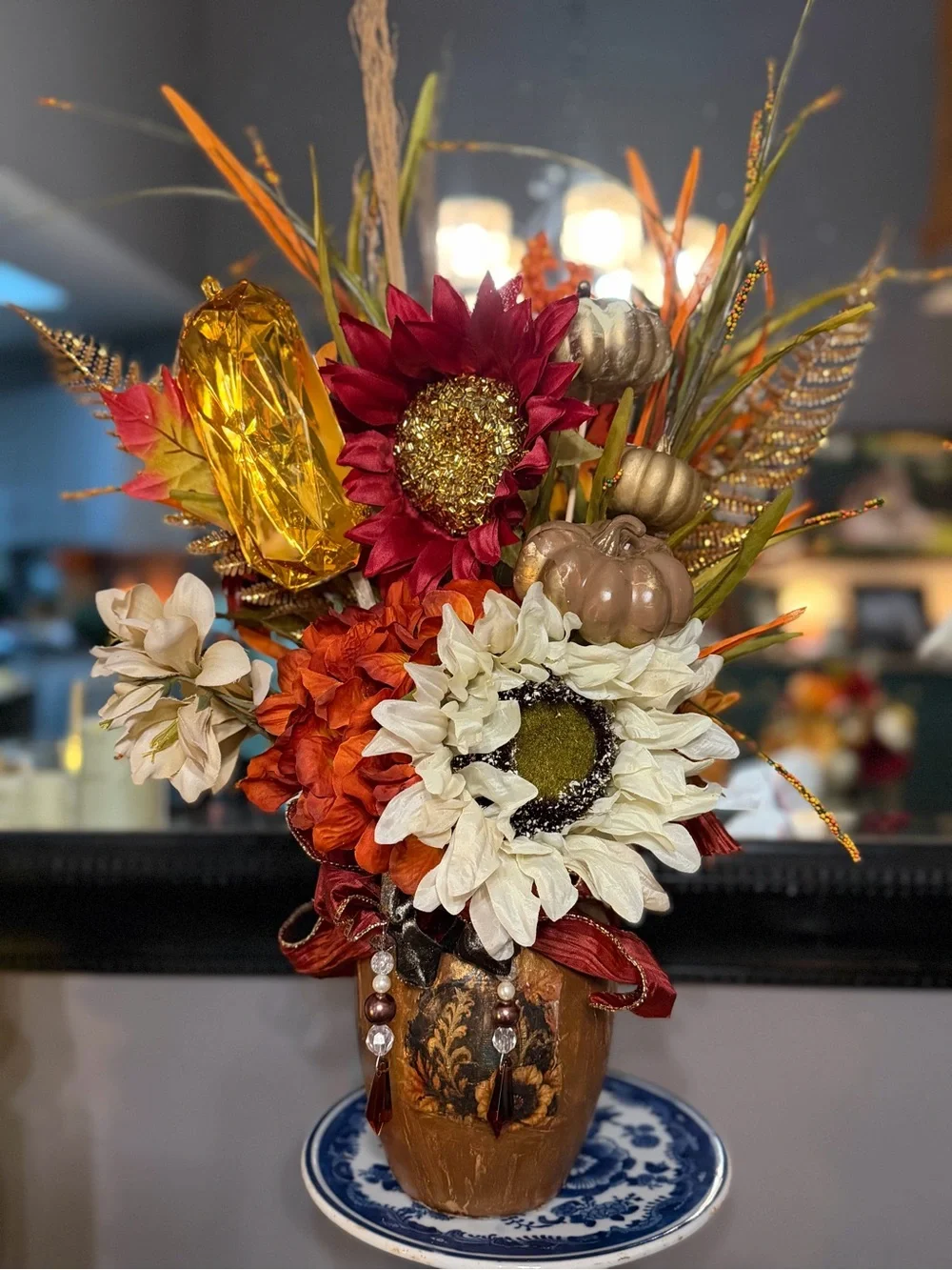 Autumn Harvest Faux Floral Arrangement in Red, Orange, White